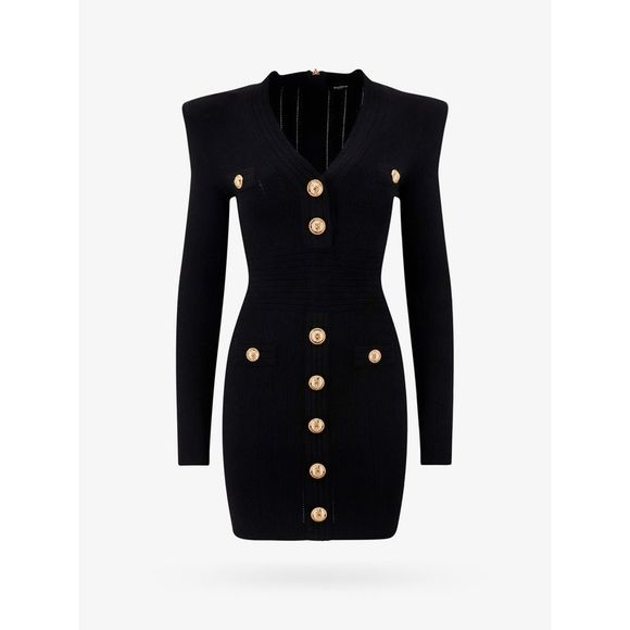 balmain black dress gold buttons Balmain Tartan Tattoo Knit Mini Dress